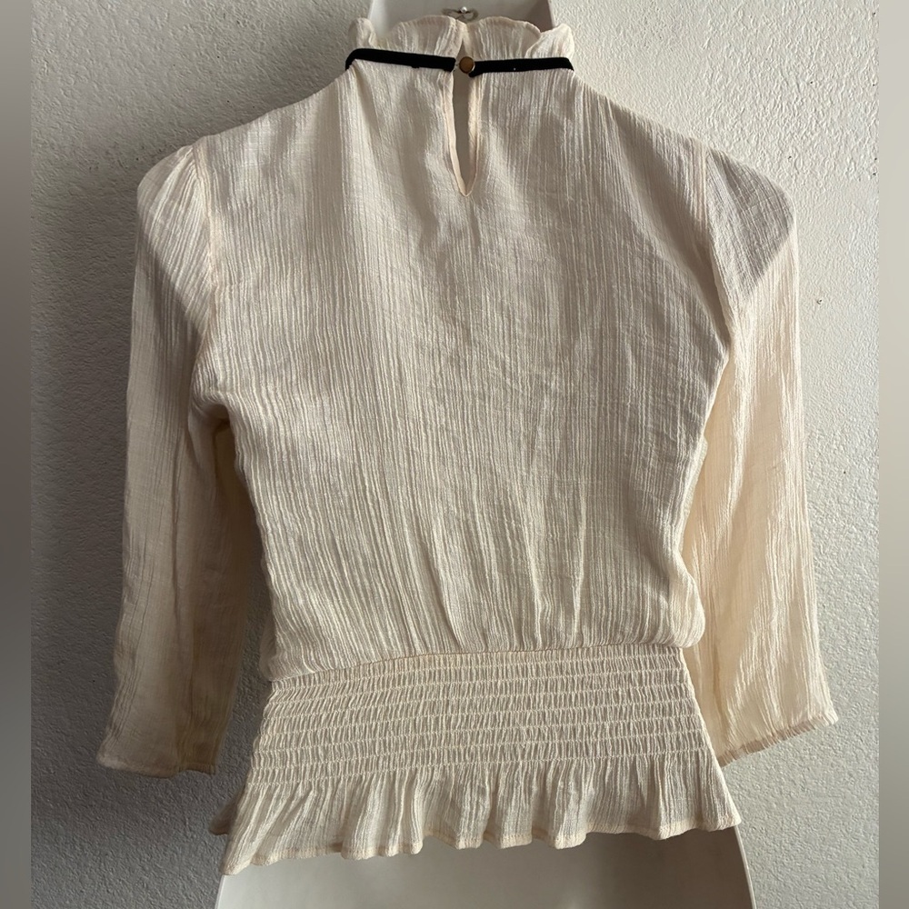 E&M Elegant High Neck Cream Blouse Lace with Black Tie Accent M - Picture 3 of 16
